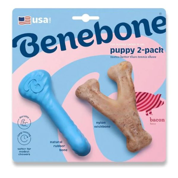 בנבון צמד צעצועי לעיסה לגורים – עצם גומי ו-ווישבון בטעם בייקון